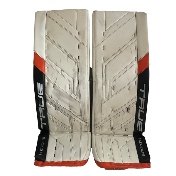 True HZRDUS PX4 - Used Pro Stock Goalie Pad Set - Felix Sandstrom - (White/Black/Orange)