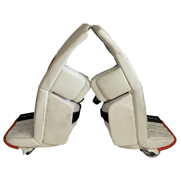 True HZRDUS PX4 - Used Pro Stock Goalie Pad Set - Felix Sandstrom - (White/Black/Orange)