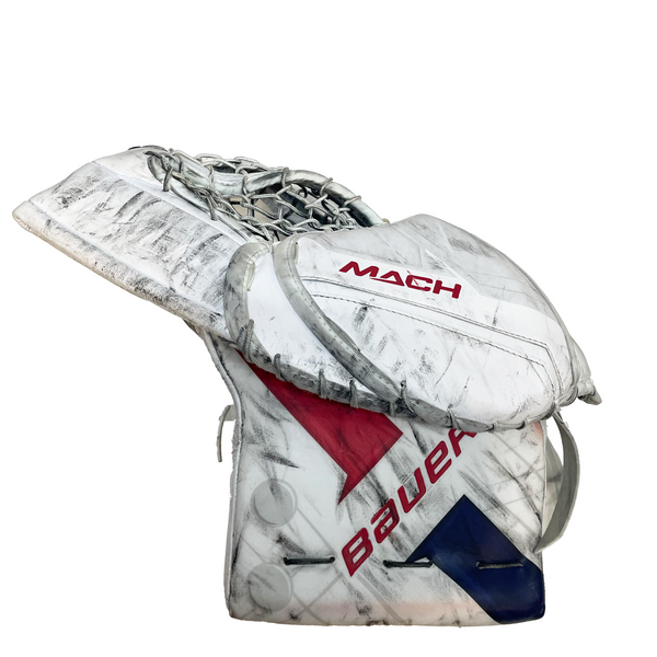 Bauer Supreme Mach - Used Cayden Primeau NHL Pro Stock Goalie Glove - Montreal Canadiens (White/Blue/Red)