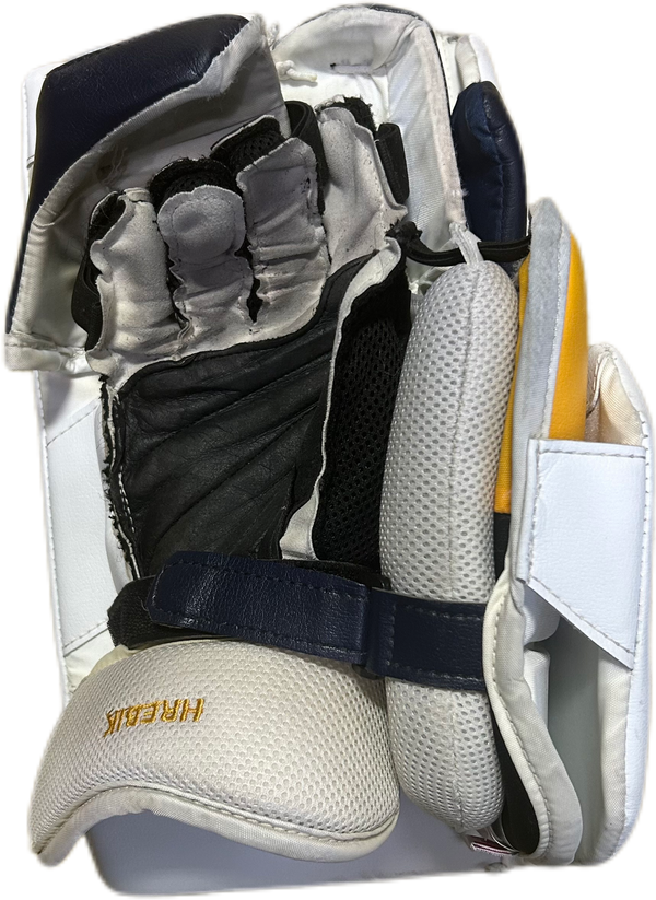 Vaughn Velocity V10 - Used Pro Stock Goalie Blocker (White/Navy/Yellow)