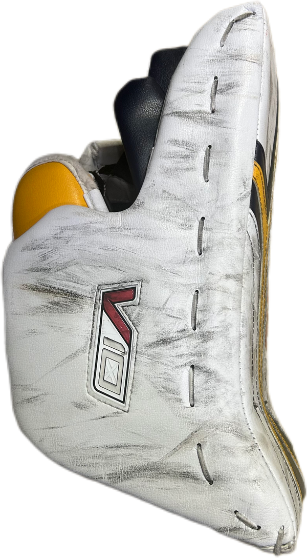 Vaughn Velocity V10 - Used Pro Stock Goalie Blocker (White/Navy/Yellow)