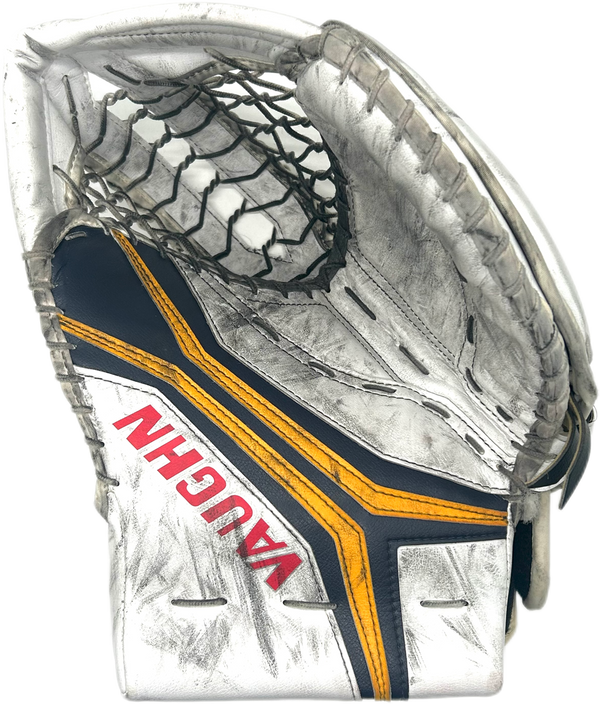 Vaughn Velocity V10 - Used Pro Stock Goalie Glove (White/Navy/Yellow)