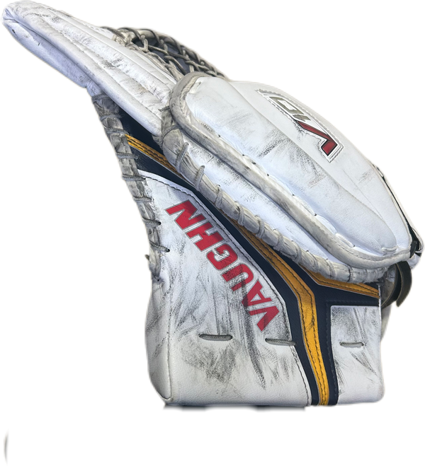 Vaughn Velocity V10 - Used Pro Stock Goalie Glove (White/Navy/Yellow)