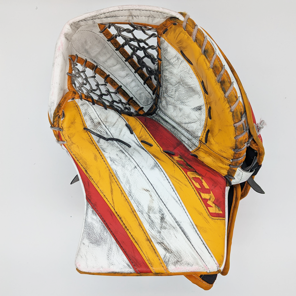 CCM Extreme Flex 5 - Used Pro Stock Regular Goalie Glove (White/Red/Yellow)