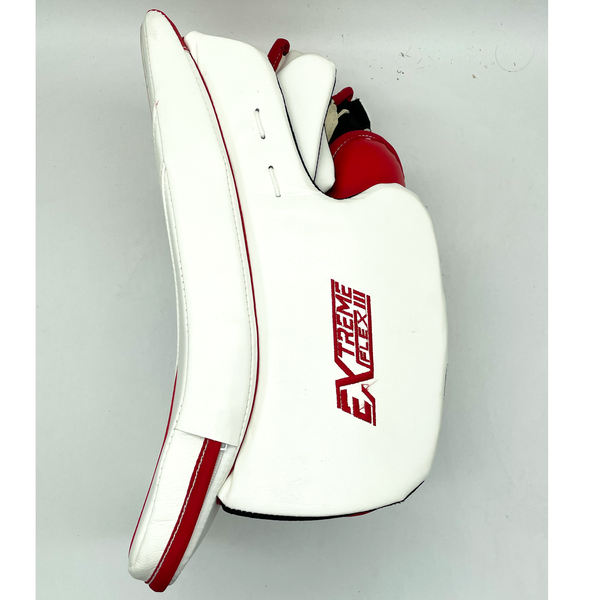 CCM Extreme Flex III - New Pro Stock Full Right Goalie Blocker (White/Red/Blue)